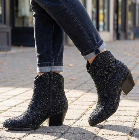 Corkys Shoes - Corky's Hey Girl Shine Bright Black Rhinestone Western Booties Size 7